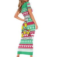 Merry Chickmas Christmas Family Matching Short Sleeve Bodycon Dress and Hawaiian Shirt with Yellow Cartoon Birds in Santa Hats and Red Green Snowflake Pattern - Wonder Print Shop