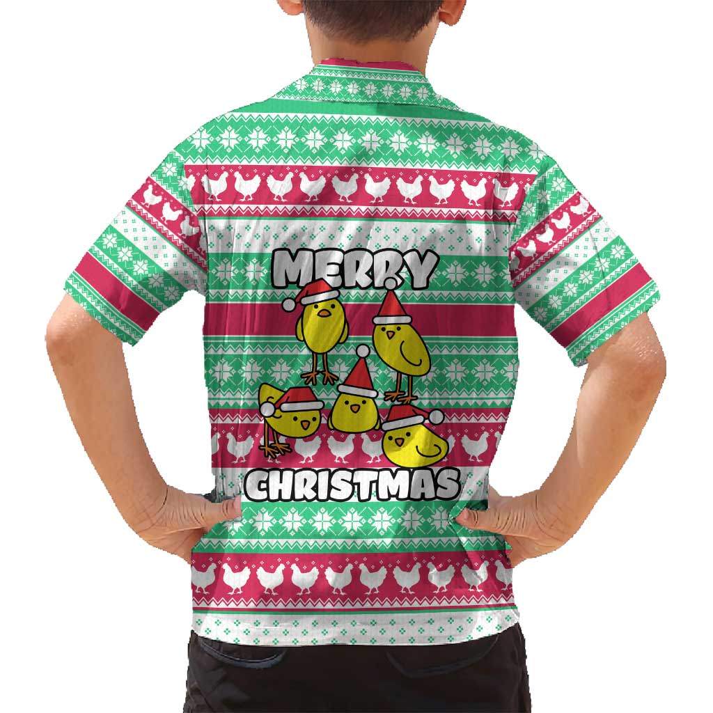 Merry Chickmas Christmas Family Matching Summer Maxi Dress and Hawaiian Shirt with Yellow Cartoon Birds in Santa Hats and Red Green Snowflake Pattern - Wonder Print Shop