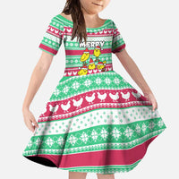 Merry Chickmas Christmas Family Matching Summer Maxi Dress and Hawaiian Shirt with Yellow Cartoon Birds in Santa Hats and Red Green Snowflake Pattern - Wonder Print Shop