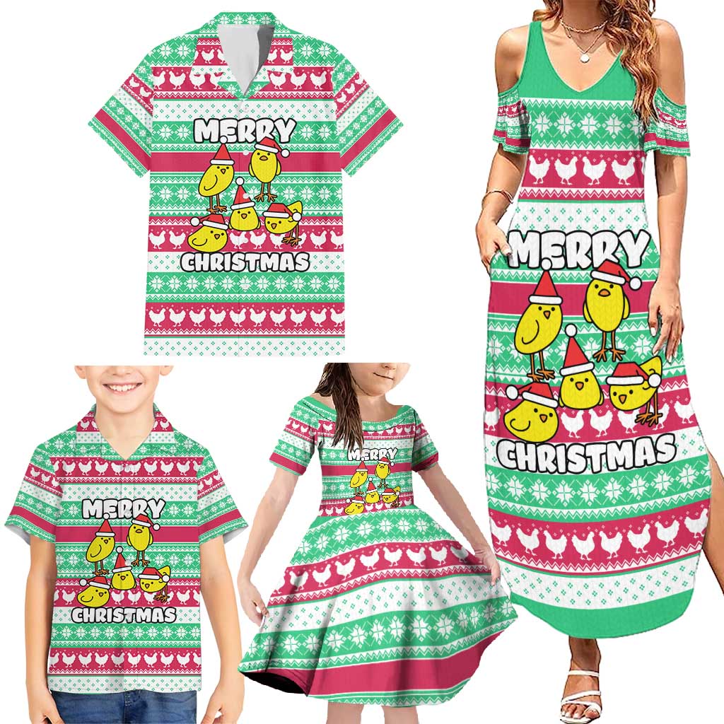 Merry Chickmas Christmas Family Matching Summer Maxi Dress and Hawaiian Shirt with Yellow Cartoon Birds in Santa Hats and Red Green Snowflake Pattern - Wonder Print Shop