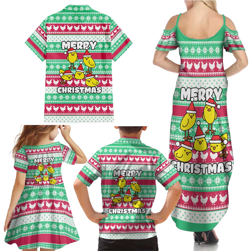 Merry Chickmas Christmas Family Matching Summer Maxi Dress and Hawaiian Shirt with Yellow Cartoon Birds in Santa Hats and Red Green Snowflake Pattern - Wonder Print Shop