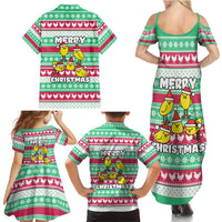 Merry Chickmas Christmas Family Matching Summer Maxi Dress and Hawaiian Shirt with Yellow Cartoon Birds in Santa Hats and Red Green Snowflake Pattern - Wonder Print Shop