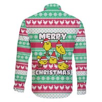 Merry Chickmas Christmas Family Matching Summer Maxi Dress and Hawaiian Shirt with Yellow Cartoon Birds in Santa Hats and Red Green Snowflake Pattern - Wonder Print Shop