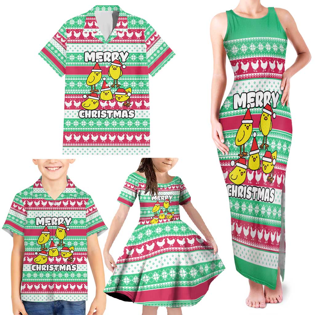 Merry Chickmas Christmas Family Matching Tank Maxi Dress and Hawaiian Shirt with Yellow Cartoon Birds in Santa Hats and Red Green Snowflake Pattern - Wonder Print Shop