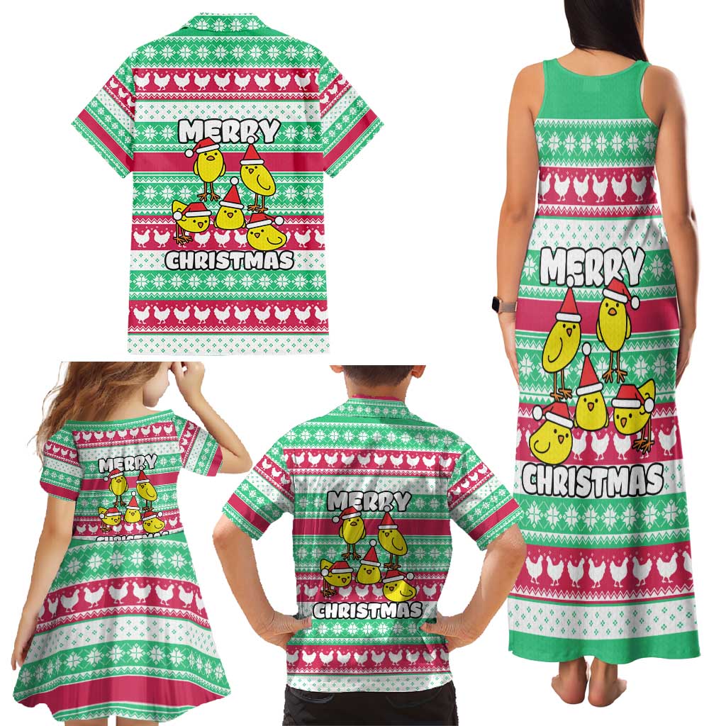 Merry Chickmas Christmas Family Matching Tank Maxi Dress and Hawaiian Shirt with Yellow Cartoon Birds in Santa Hats and Red Green Snowflake Pattern - Wonder Print Shop
