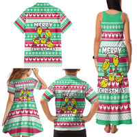 Merry Chickmas Christmas Family Matching Tank Maxi Dress and Hawaiian Shirt with Yellow Cartoon Birds in Santa Hats and Red Green Snowflake Pattern - Wonder Print Shop