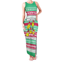 Merry Chickmas Christmas Family Matching Tank Maxi Dress and Hawaiian Shirt with Yellow Cartoon Birds in Santa Hats and Red Green Snowflake Pattern - Wonder Print Shop