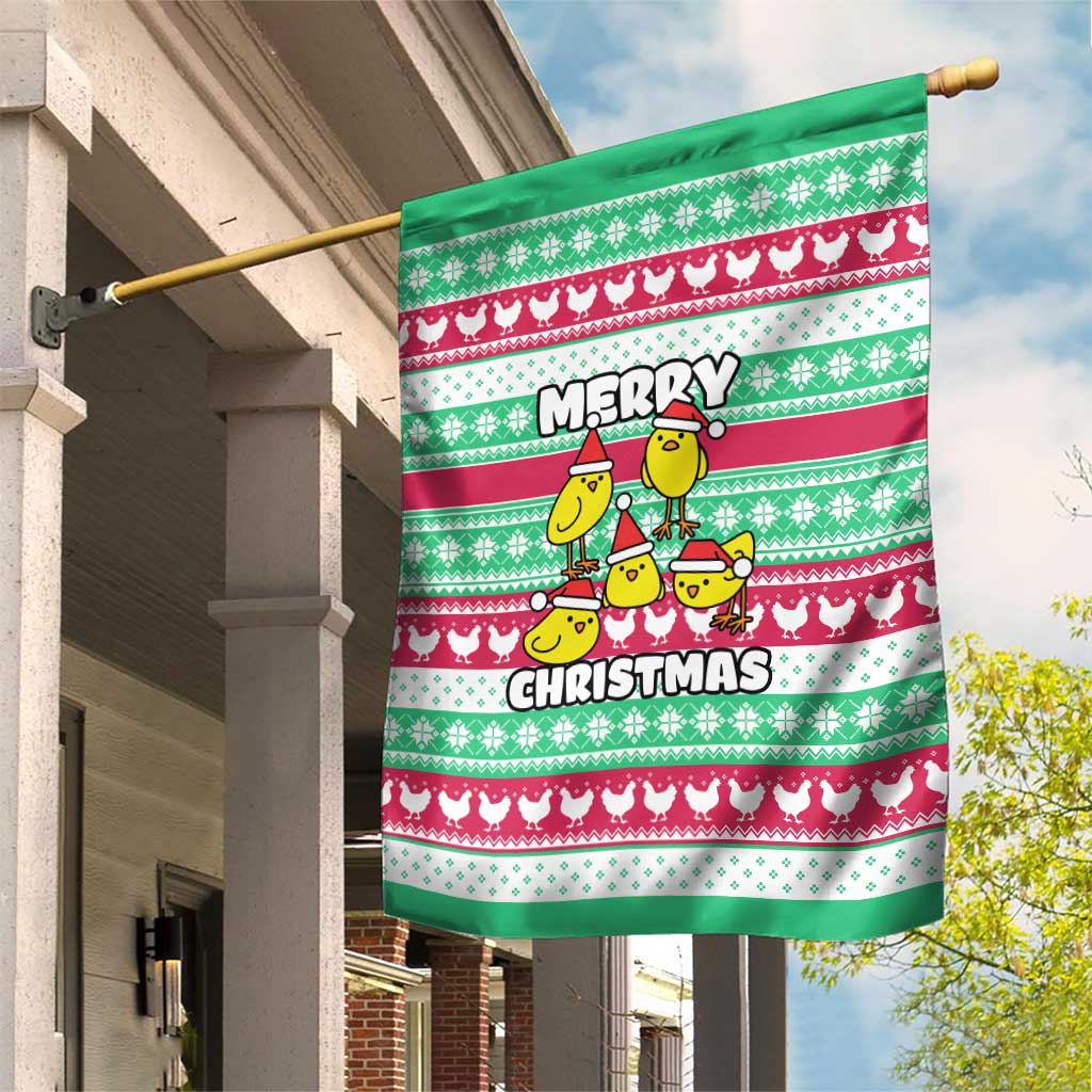 Merry Chickmas Christmas Garden Flag with Yellow Cartoon Birds in Santa Hats and Red Green Snowflake Pattern - Wonder Print Shop