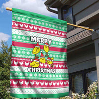 Merry Chickmas Christmas Garden Flag with Yellow Cartoon Birds in Santa Hats and Red Green Snowflake Pattern - Wonder Print Shop