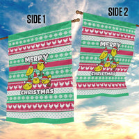 Merry Chickmas Christmas Garden Flag with Yellow Cartoon Birds in Santa Hats and Red Green Snowflake Pattern - Wonder Print Shop