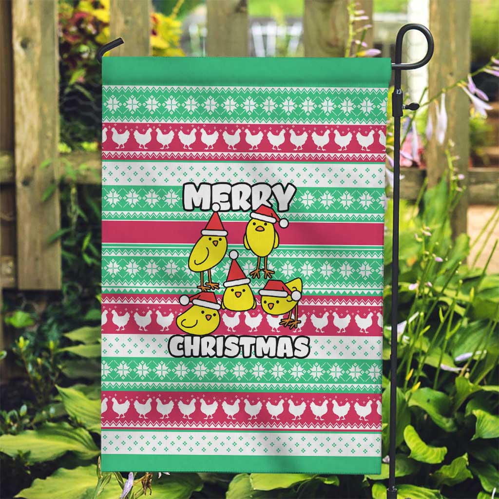 Merry Chickmas Christmas Garden Flag with Yellow Cartoon Birds in Santa Hats and Red Green Snowflake Pattern - Wonder Print Shop