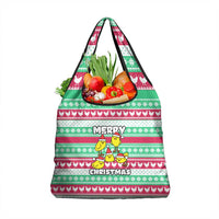 Merry Chickmas Christmas Grocery Bag with Yellow Cartoon Birds in Santa Hats and Red Green Snowflake Pattern - Wonder Print Shop