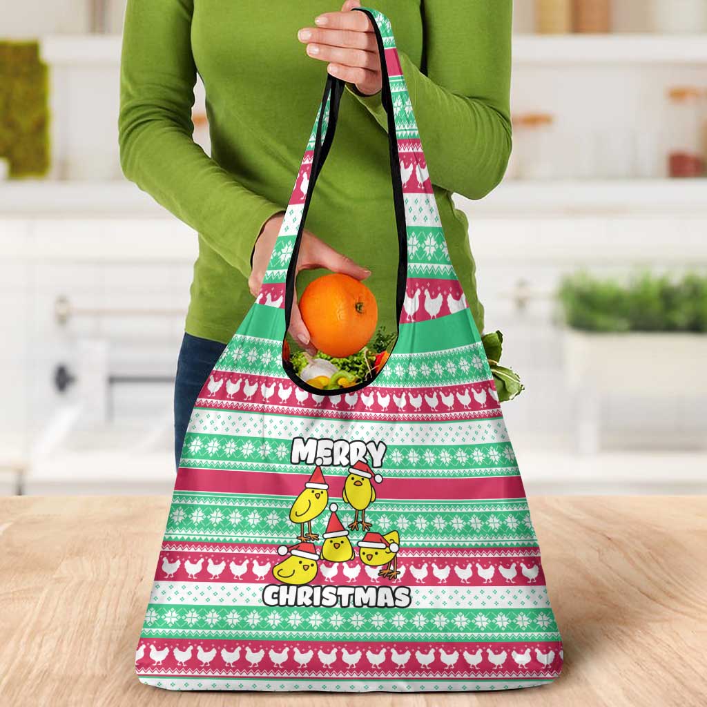 Merry Chickmas Christmas Grocery Bag with Yellow Cartoon Birds in Santa Hats and Red Green Snowflake Pattern - Wonder Print Shop
