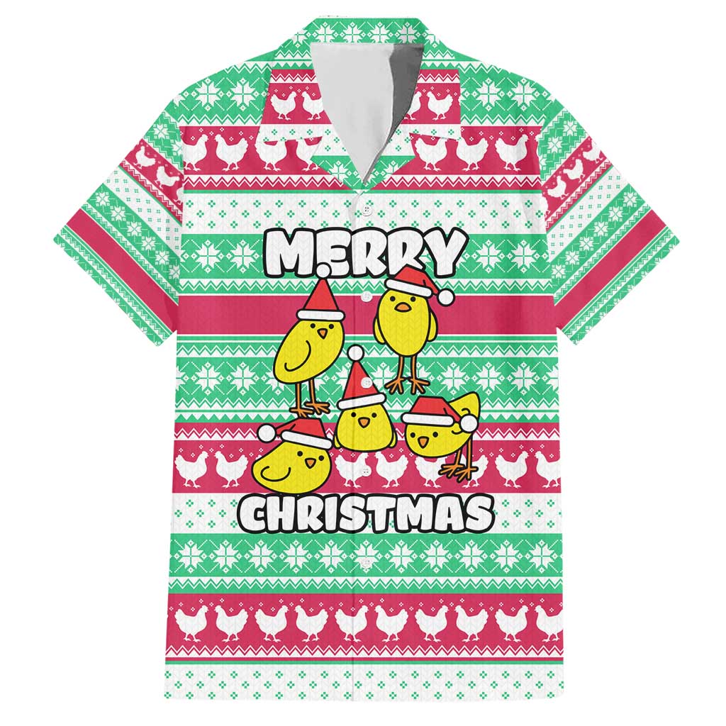 Merry Chickmas Christmas Hawaiian Shirt with Yellow Cartoon Birds in Santa Hats and Red Green Snowflake Pattern - Wonder Print Shop