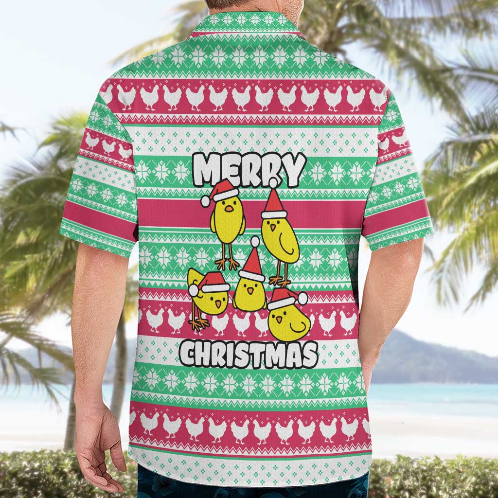 Merry Chickmas Christmas Hawaiian Shirt with Yellow Cartoon Birds in Santa Hats and Red Green Snowflake Pattern - Wonder Print Shop