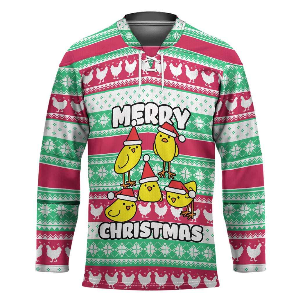 Merry Chickmas Christmas Hockey Jersey with Yellow Cartoon Birds in Santa Hats and Red Green Snowflake Pattern - Wonder Print Shop
