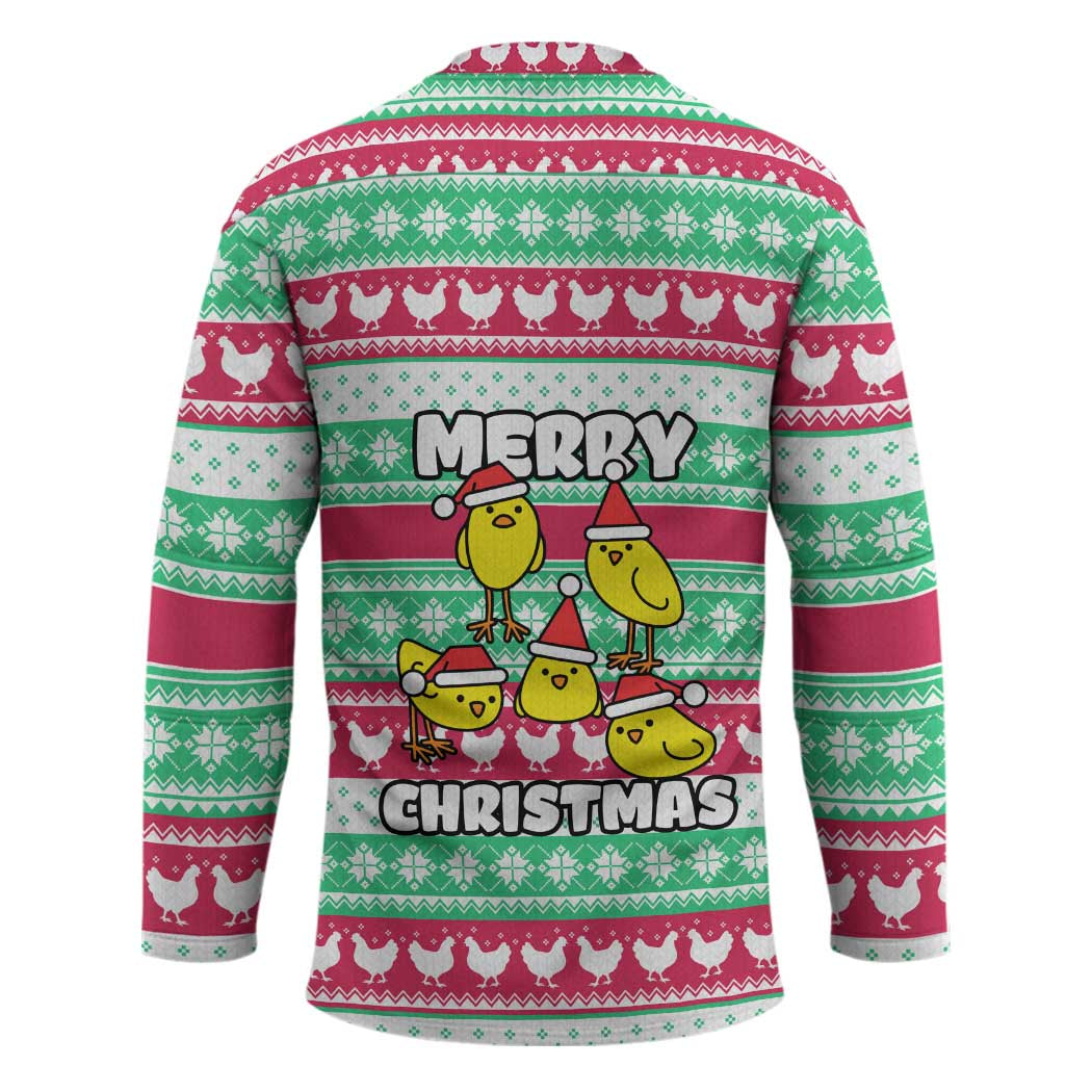 Merry Chickmas Christmas Hockey Jersey with Yellow Cartoon Birds in Santa Hats and Red Green Snowflake Pattern - Wonder Print Shop