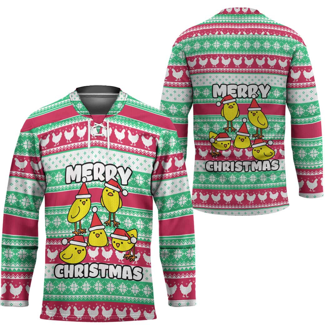 Merry Chickmas Christmas Hockey Jersey with Yellow Cartoon Birds in Santa Hats and Red Green Snowflake Pattern - Wonder Print Shop