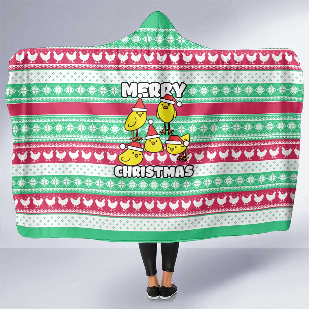 Merry Chickmas Christmas Hooded Blanket with Yellow Cartoon Birds in Santa Hats and Red Green Snowflake Pattern - Wonder Print Shop