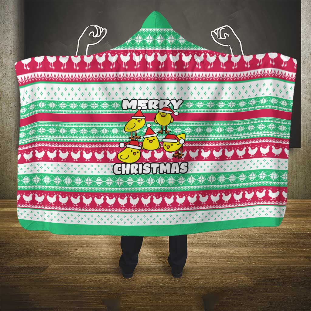 Merry Chickmas Christmas Hooded Blanket with Yellow Cartoon Birds in Santa Hats and Red Green Snowflake Pattern - Wonder Print Shop