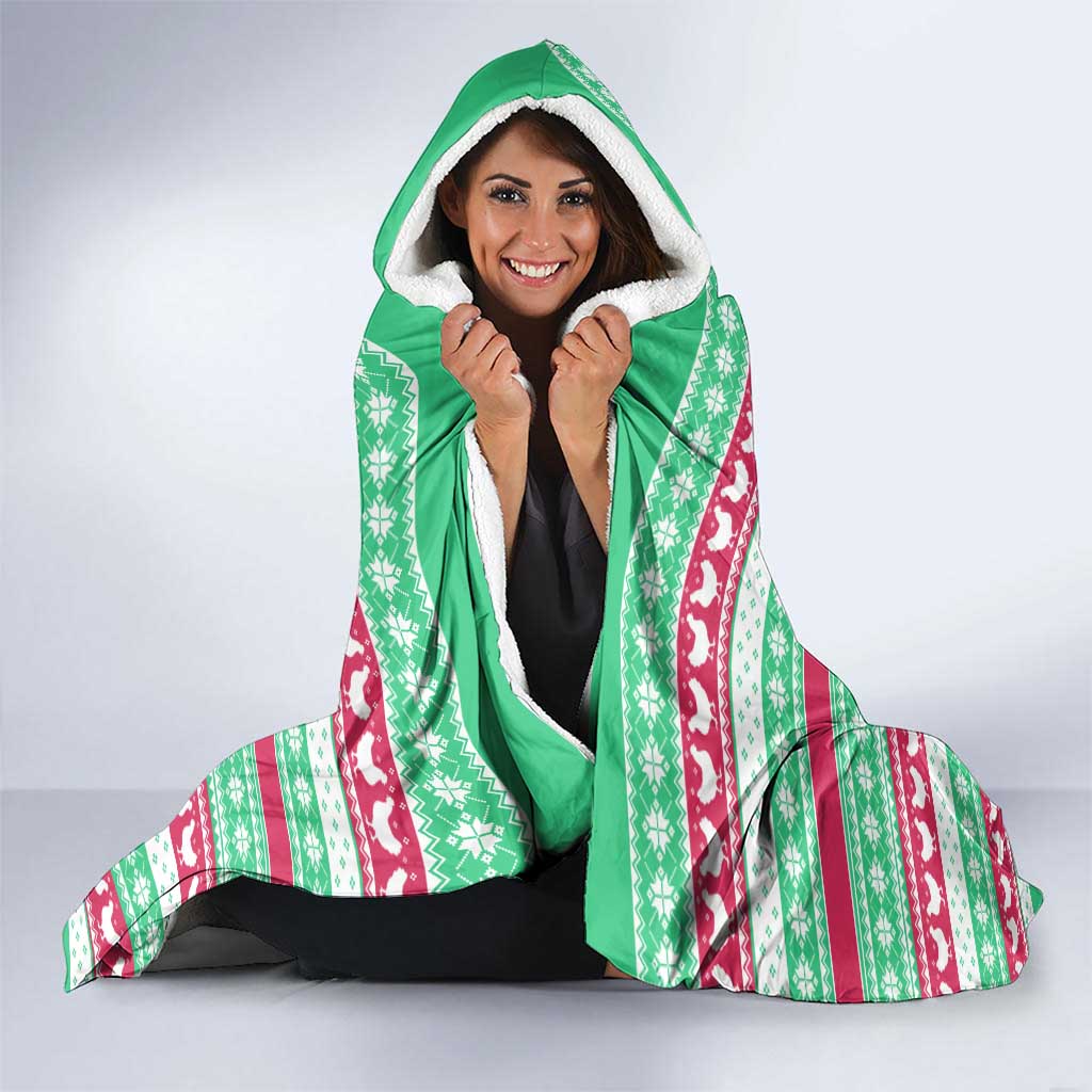 Merry Chickmas Christmas Hooded Blanket with Yellow Cartoon Birds in Santa Hats and Red Green Snowflake Pattern - Wonder Print Shop