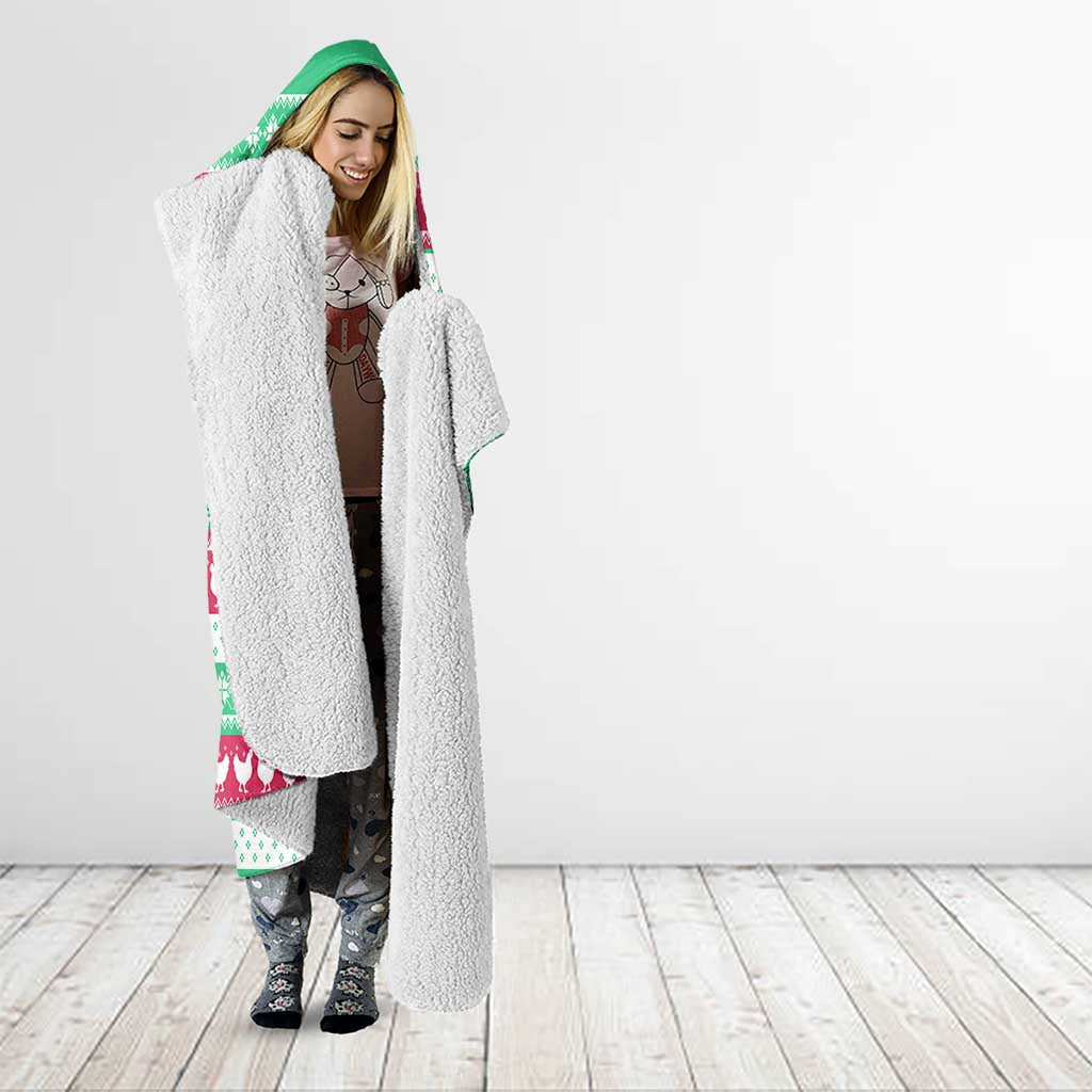 Merry Chickmas Christmas Hooded Blanket with Yellow Cartoon Birds in Santa Hats and Red Green Snowflake Pattern - Wonder Print Shop