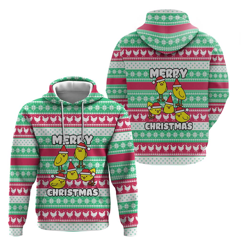 Merry Chickmas Christmas Hoodie with Yellow Cartoon Birds in Santa Hats and Red Green Snowflake Pattern - Wonder Print Shop
