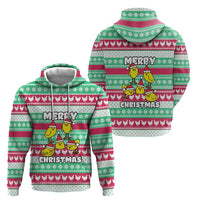 Merry Chickmas Christmas Hoodie with Yellow Cartoon Birds in Santa Hats and Red Green Snowflake Pattern - Wonder Print Shop