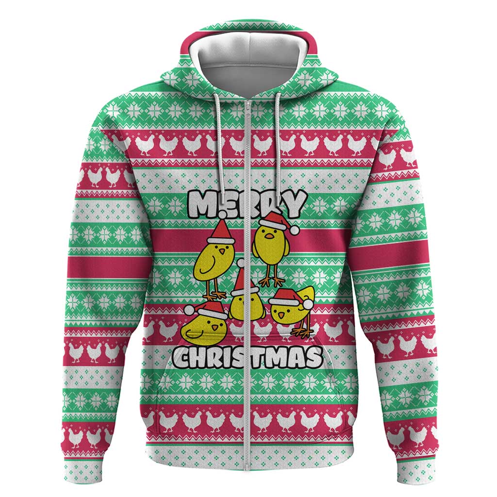 Merry Chickmas Christmas Hoodie with Yellow Cartoon Birds in Santa Hats and Red Green Snowflake Pattern - Wonder Print Shop