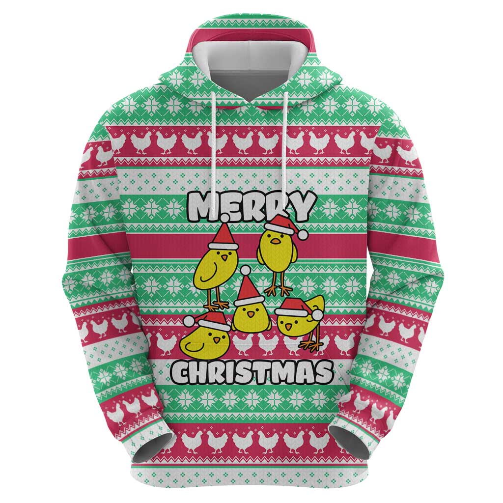 Merry Chickmas Christmas Hoodie with Yellow Cartoon Birds in Santa Hats and Red Green Snowflake Pattern - Wonder Print Shop