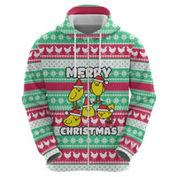 Merry Chickmas Christmas Hoodie with Yellow Cartoon Birds in Santa Hats and Red Green Snowflake Pattern - Wonder Print Shop