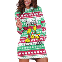 Merry Chickmas Christmas Hoodie Dress with Yellow Cartoon Birds in Santa Hats and Red Green Snowflake Pattern - Wonder Print Shop