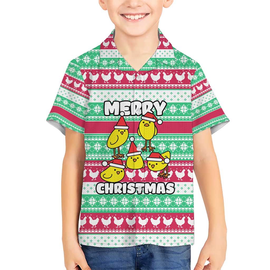Merry Chickmas Christmas Kid Hawaiian Shirt with Yellow Cartoon Birds in Santa Hats and Red Green Snowflake Pattern - Wonder Print Shop