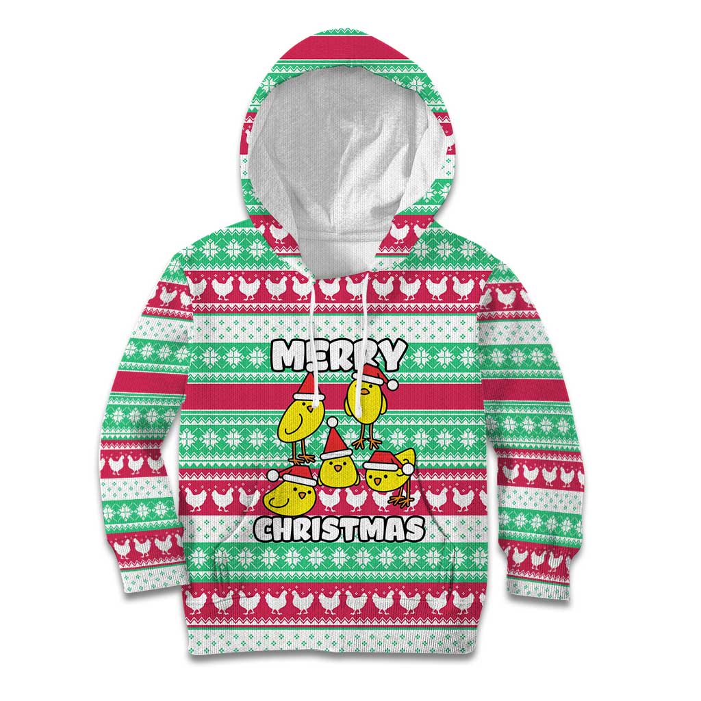 Merry Chickmas Christmas Kid Hoodie with Yellow Cartoon Birds in Santa Hats and Red Green Snowflake Pattern - Wonder Print Shop