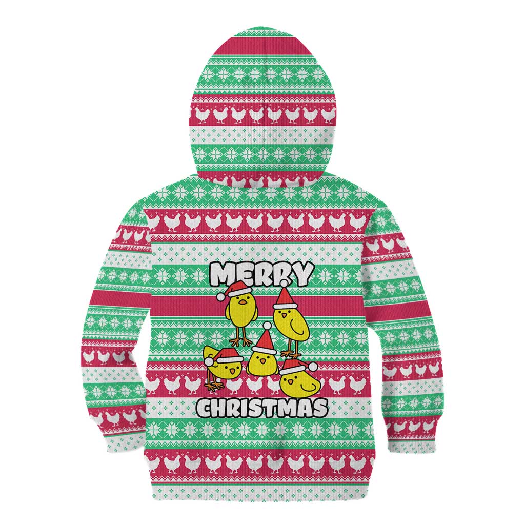 Merry Chickmas Christmas Kid Hoodie with Yellow Cartoon Birds in Santa Hats and Red Green Snowflake Pattern - Wonder Print Shop