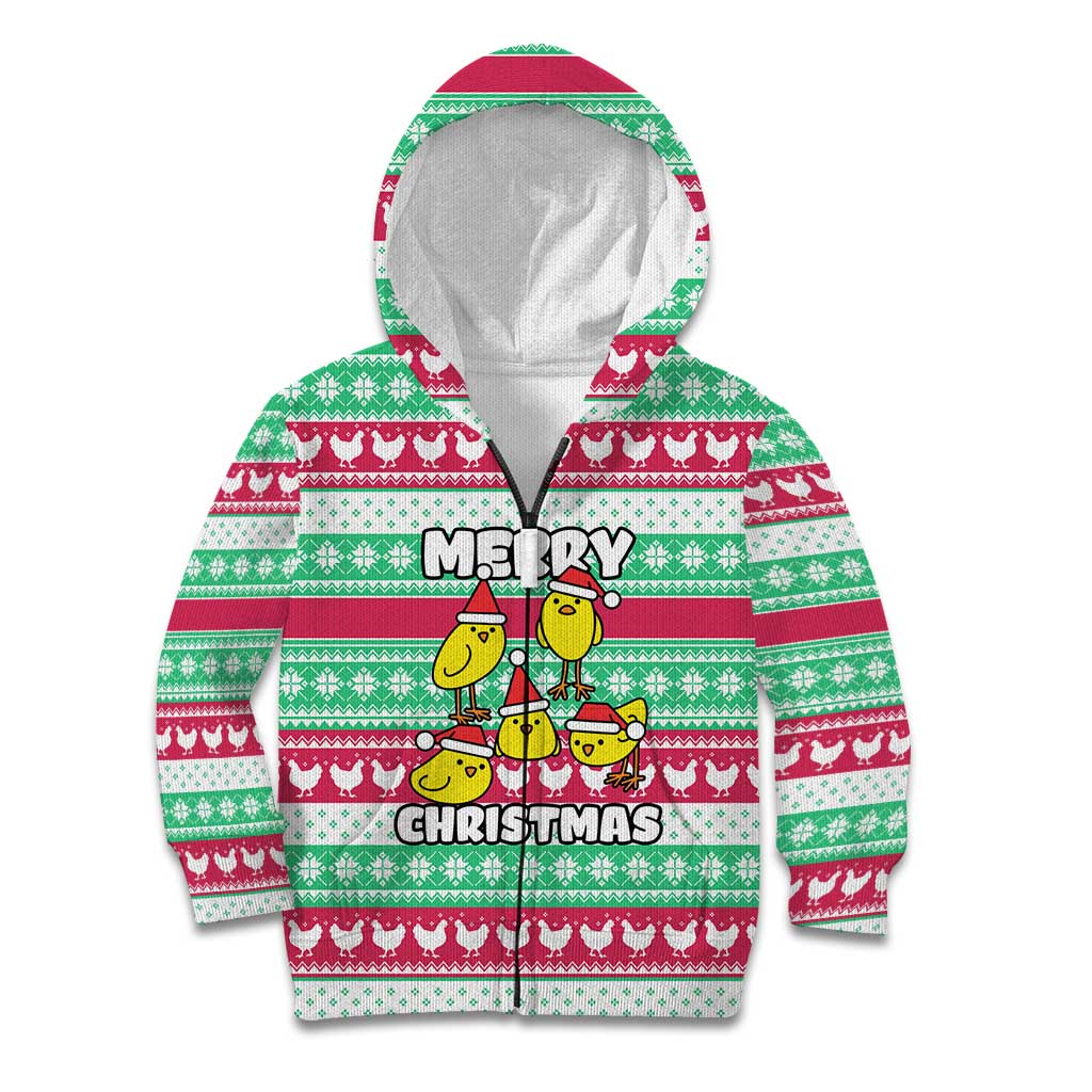 Merry Chickmas Christmas Kid Hoodie with Yellow Cartoon Birds in Santa Hats and Red Green Snowflake Pattern - Wonder Print Shop
