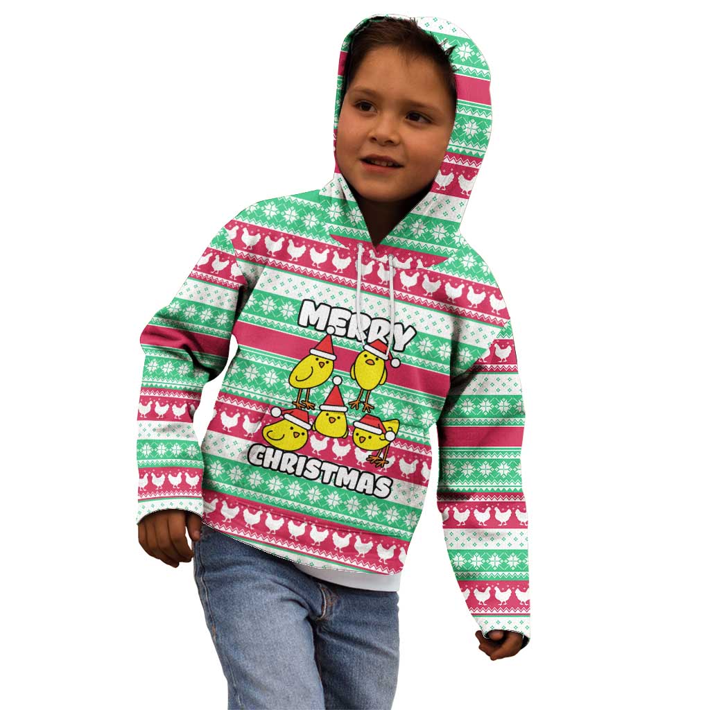 Merry Chickmas Christmas Kid Hoodie with Yellow Cartoon Birds in Santa Hats and Red Green Snowflake Pattern - Wonder Print Shop