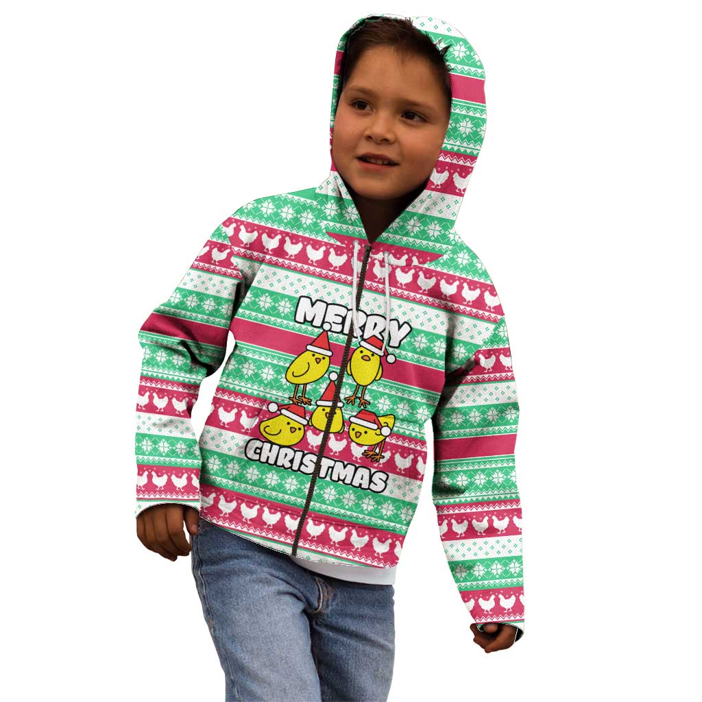 Merry Chickmas Christmas Kid Hoodie with Yellow Cartoon Birds in Santa Hats and Red Green Snowflake Pattern - Wonder Print Shop