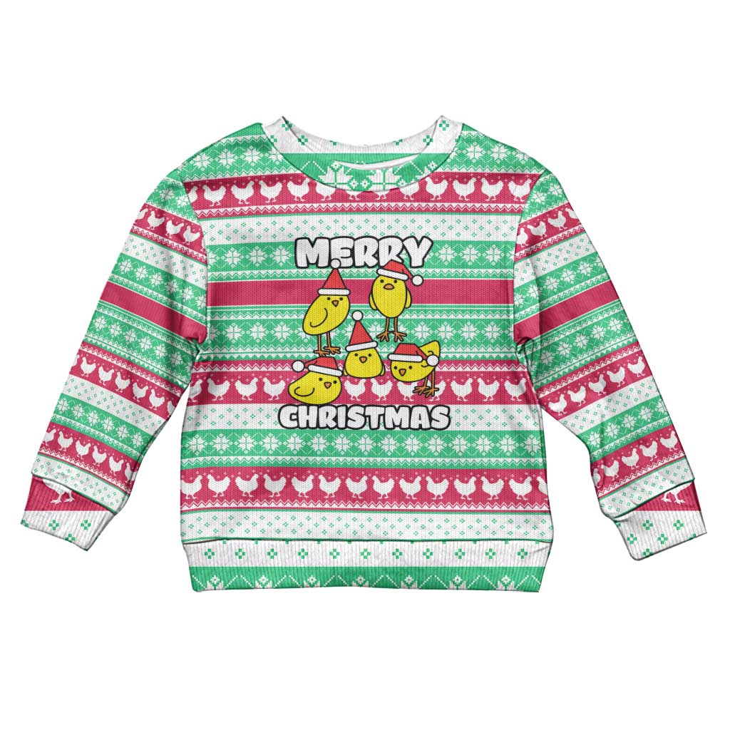 Merry Chickmas Christmas Kid Ugly Christmas Sweater with Yellow Cartoon Birds in Santa Hats and Red Green Snowflake Pattern - Wonder Print Shop