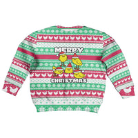 Merry Chickmas Christmas Kid Ugly Christmas Sweater with Yellow Cartoon Birds in Santa Hats and Red Green Snowflake Pattern - Wonder Print Shop