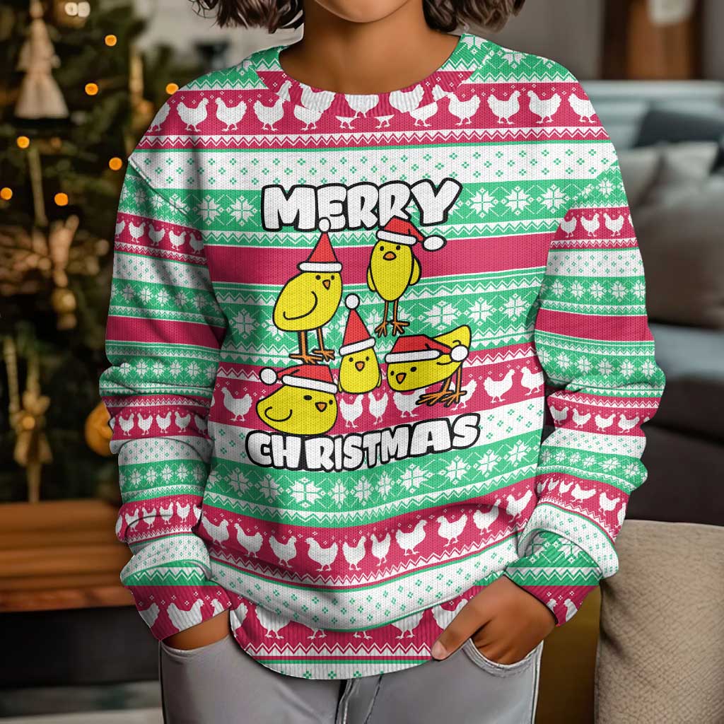 Merry Chickmas Christmas Kid Ugly Christmas Sweater with Yellow Cartoon Birds in Santa Hats and Red Green Snowflake Pattern - Wonder Print Shop