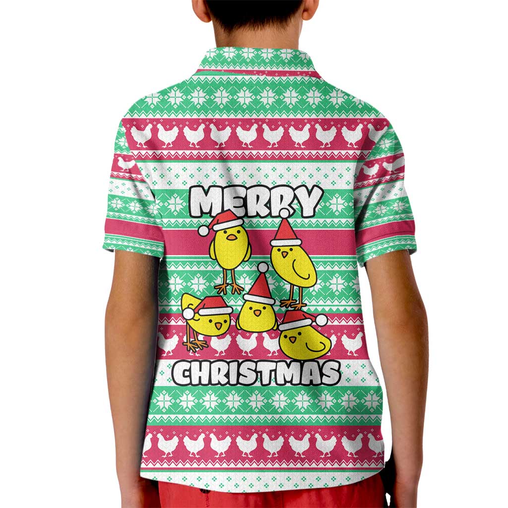 Merry Chickmas Christmas Kid Polo Shirt with Yellow Cartoon Birds in Santa Hats and Red Green Snowflake Pattern - Wonder Print Shop