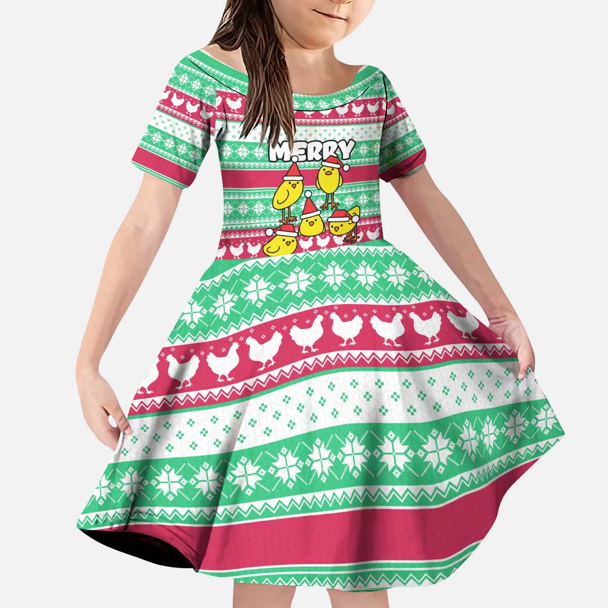 Merry Chickmas Christmas Kid Short Sleeve Dress with Yellow Cartoon Birds in Santa Hats and Red Green Snowflake Pattern - Wonder Print Shop