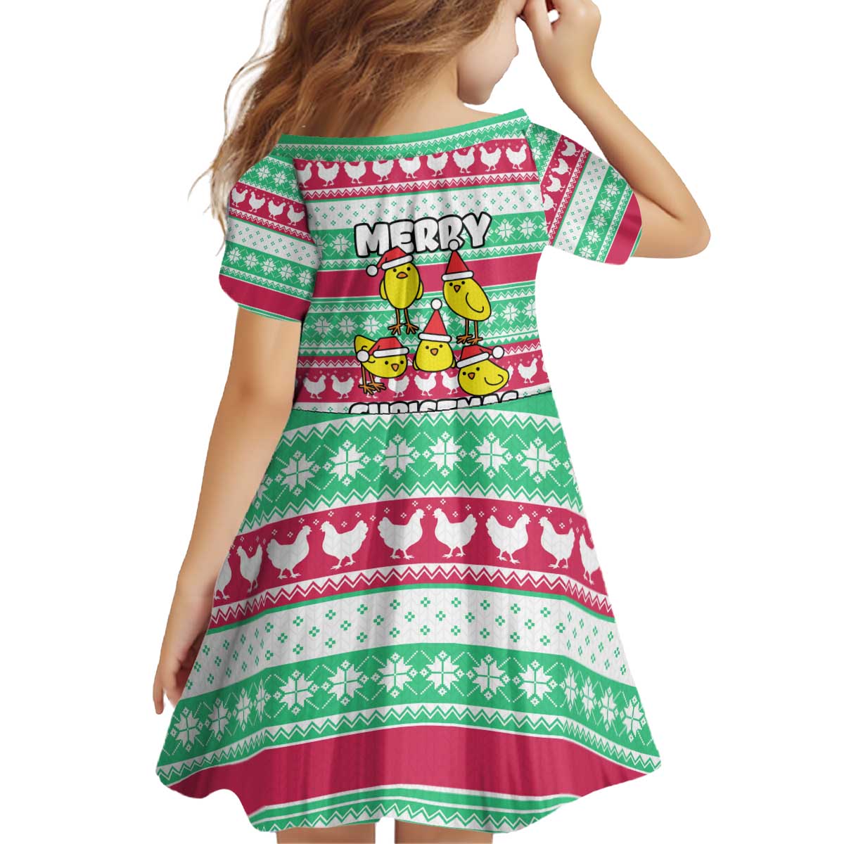 Merry Chickmas Christmas Kid Short Sleeve Dress with Yellow Cartoon Birds in Santa Hats and Red Green Snowflake Pattern - Wonder Print Shop