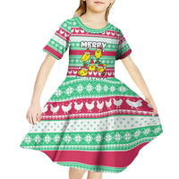 Merry Chickmas Christmas Kid Short Sleeve Dress with Yellow Cartoon Birds in Santa Hats and Red Green Snowflake Pattern - Wonder Print Shop