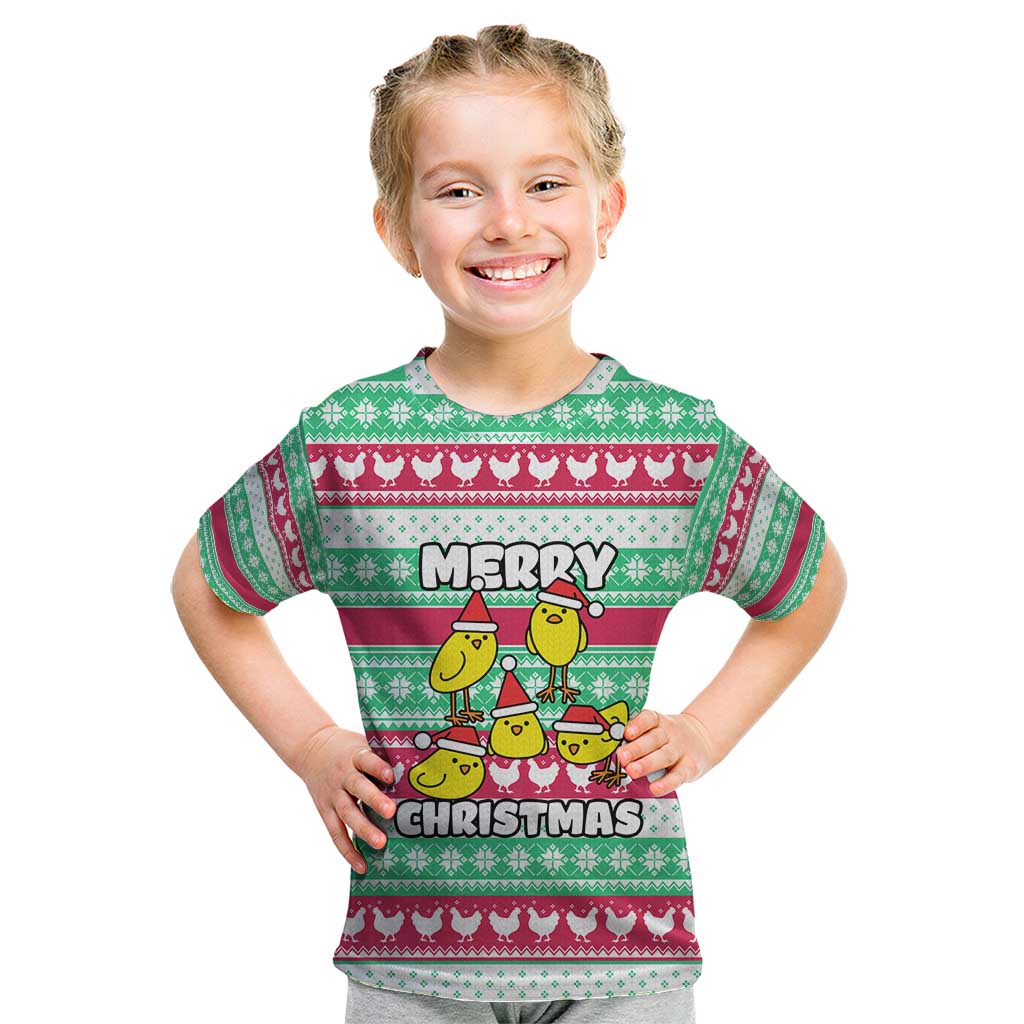 Merry Chickmas Christmas Kid T Shirt with Yellow Cartoon Birds in Santa Hats and Red Green Snowflake Pattern - Wonder Print Shop