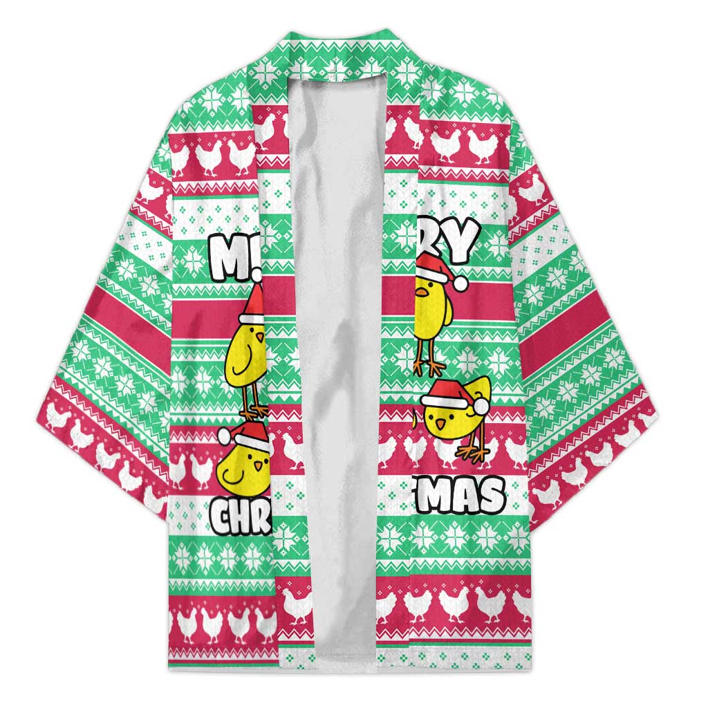 Merry Chickmas Christmas Kimono with Yellow Cartoon Birds in Santa Hats and Red Green Snowflake Pattern - Wonder Print Shop