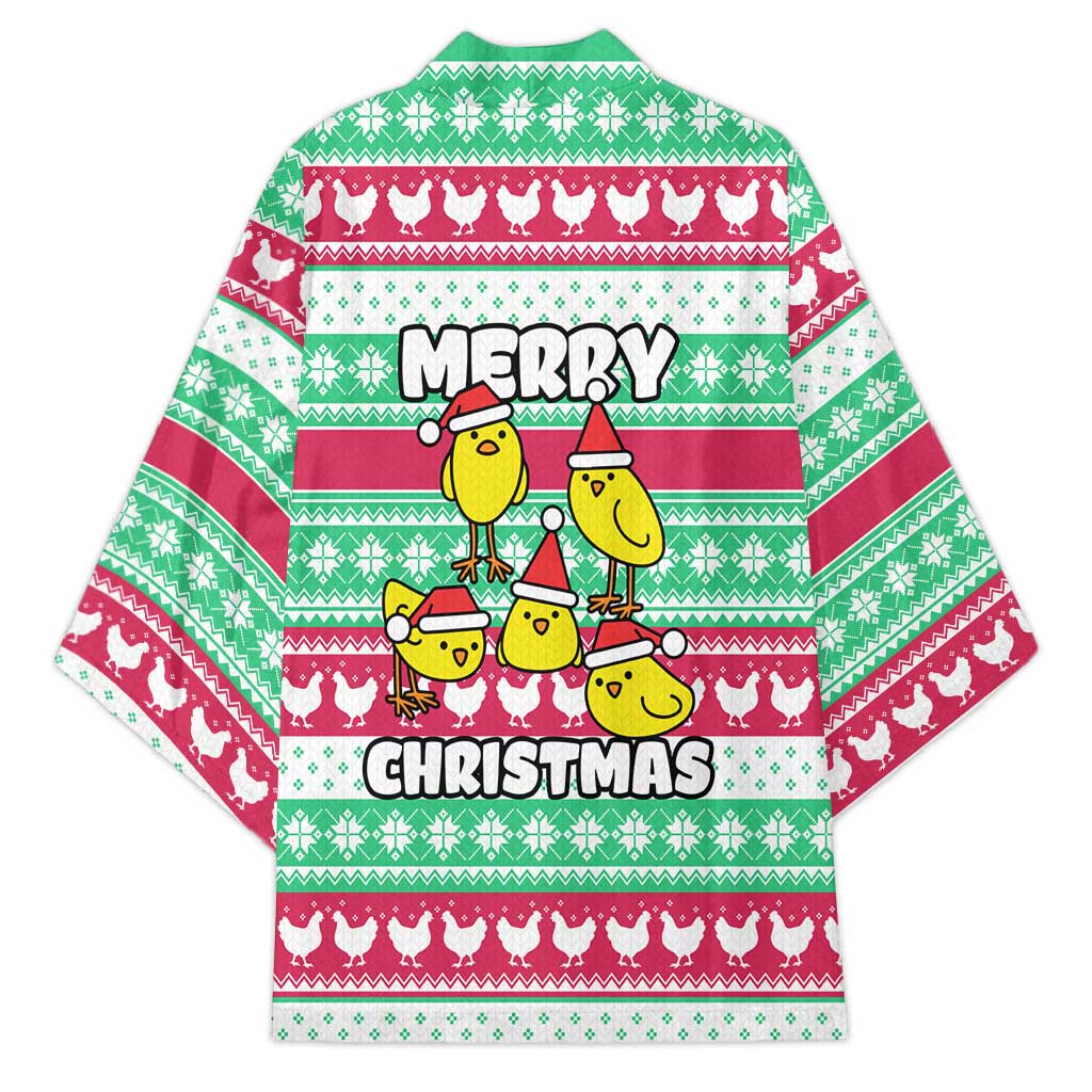 Merry Chickmas Christmas Kimono with Yellow Cartoon Birds in Santa Hats and Red Green Snowflake Pattern - Wonder Print Shop