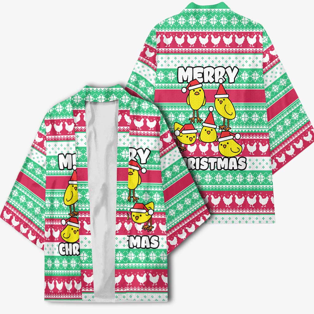 Merry Chickmas Christmas Kimono with Yellow Cartoon Birds in Santa Hats and Red Green Snowflake Pattern - Wonder Print Shop