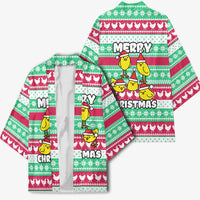 Merry Chickmas Christmas Kimono with Yellow Cartoon Birds in Santa Hats and Red Green Snowflake Pattern - Wonder Print Shop